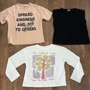 Zara Kids Peach Graphic Tee, Black Top & White Tree Print Long Sleeve Set